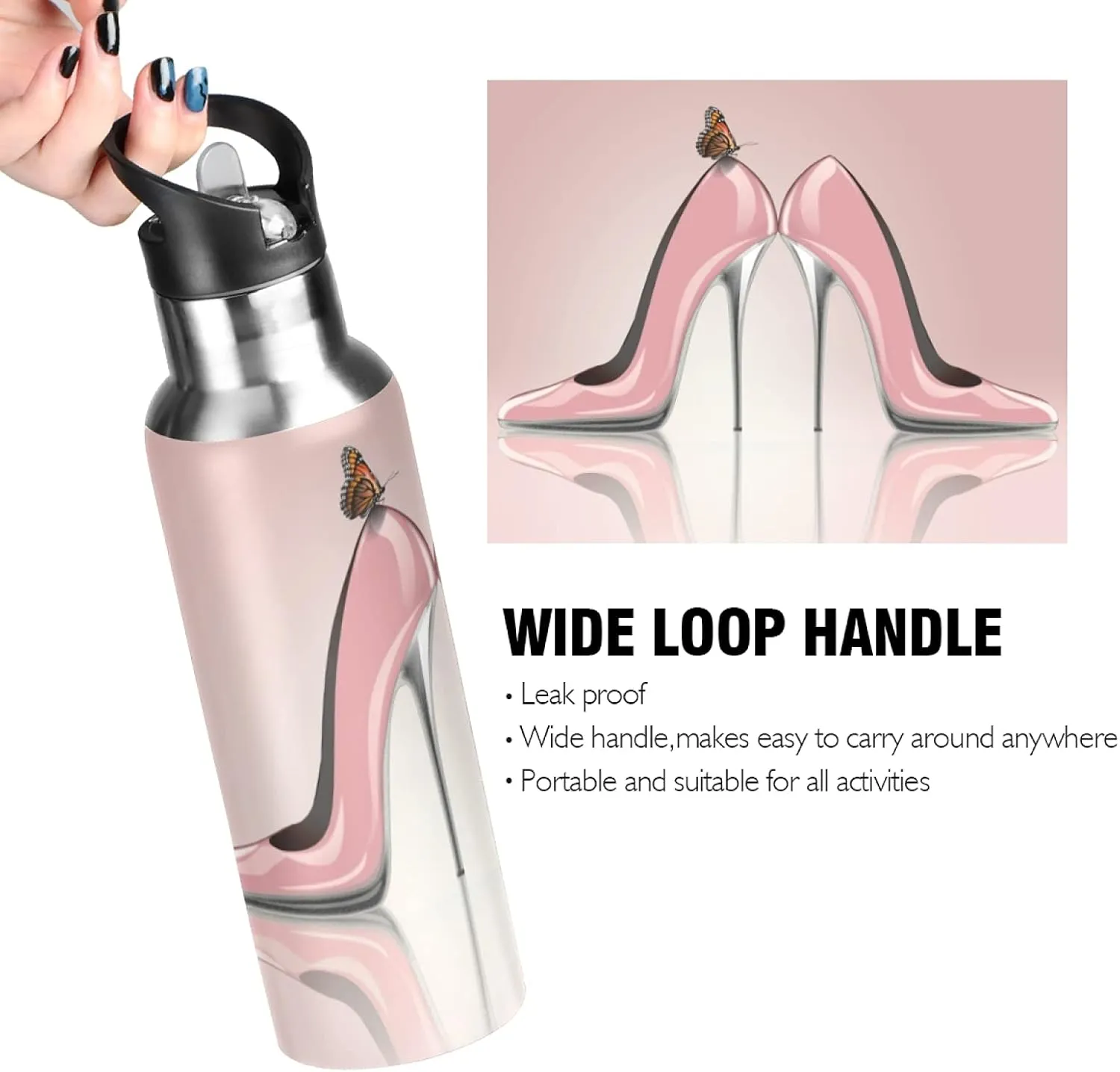 xigua Elegant Pink High Heel Shoes Water Bottle with Straw Lid 20 oz - Vacuum Insulated Stainless Steel Water Bottles Leakproof Water Flask for Fitness Sports Outdoor