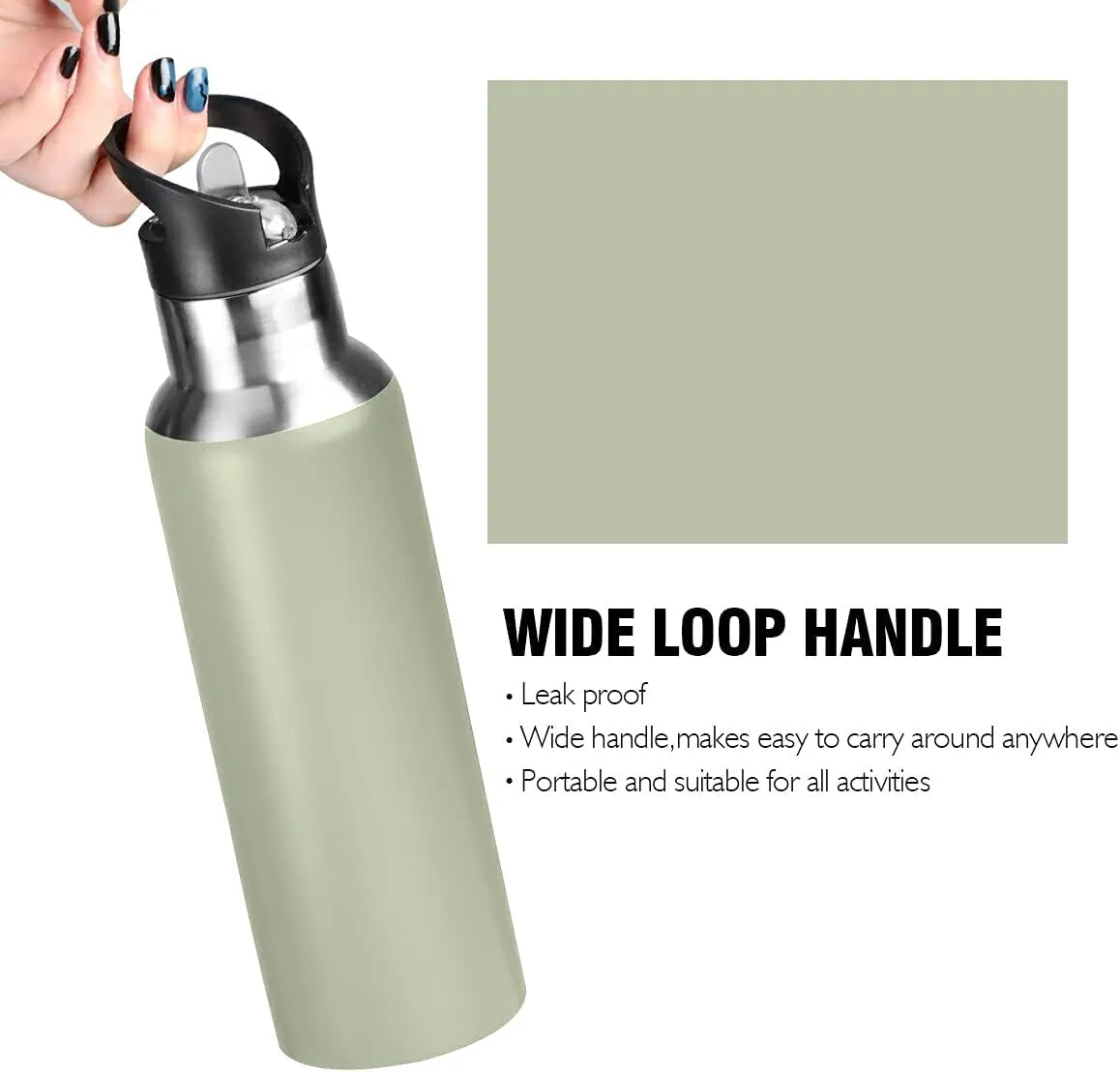 xigua Sage Green Solid Color Water Bottle with Straw Lid 22 oz - Vacuum Insulated Stainless Steel Water Bottles Leakproof Water Flask for Fitness Sports Outdoor