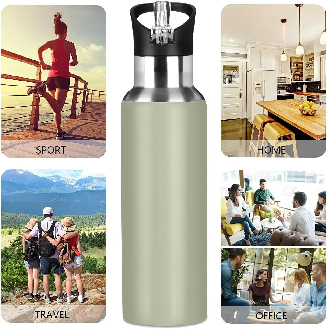xigua Sage Green Solid Color Water Bottle with Straw Lid 22 oz - Vacuum Insulated Stainless Steel Water Bottles Leakproof Water Flask for Fitness Sports Outdoor
