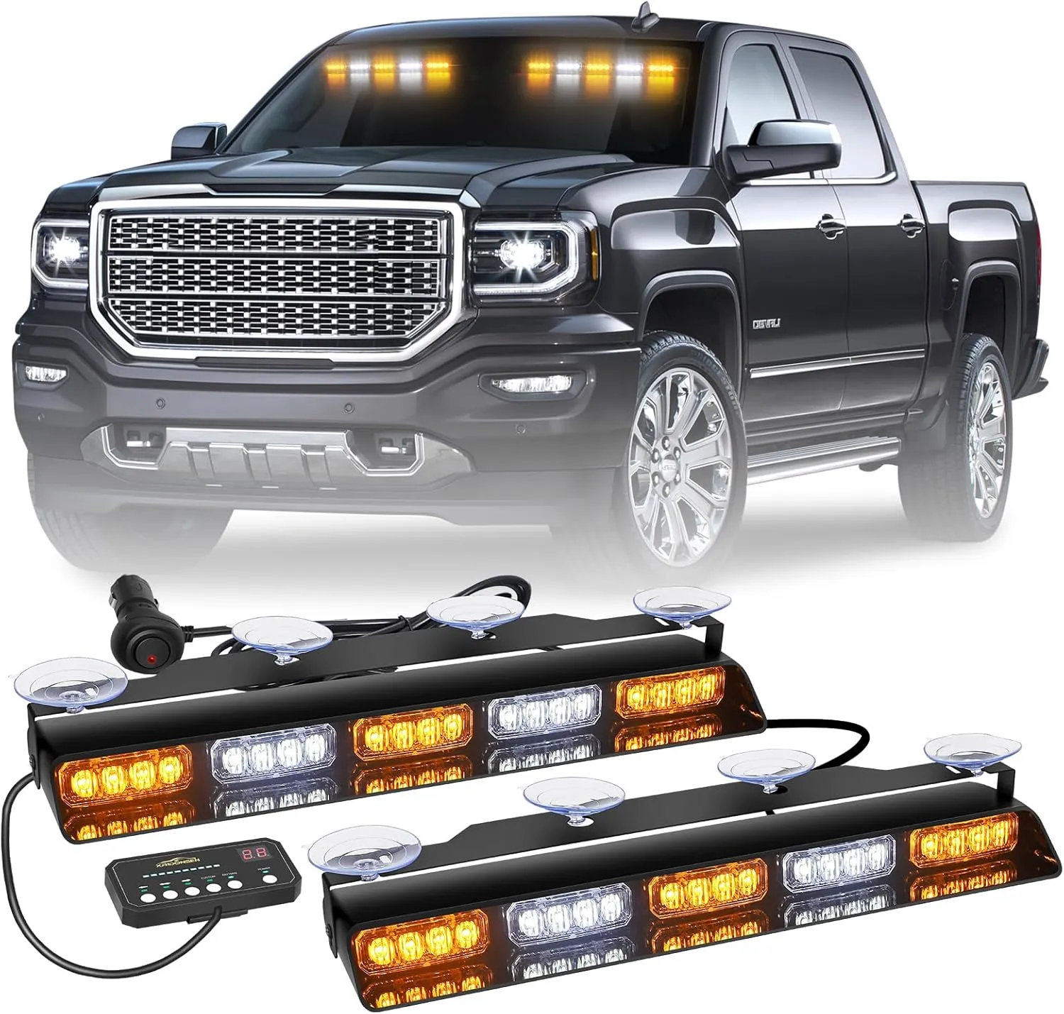 XRIDONSEN 2x 17 inch Emergency Dash Strobe Lights for Trucks Interior Front/Rear Windshield Lights 40 LED Amber White Safety Warning Hazard Lights w/Controller for Plow Trucks Construction Vehicles
