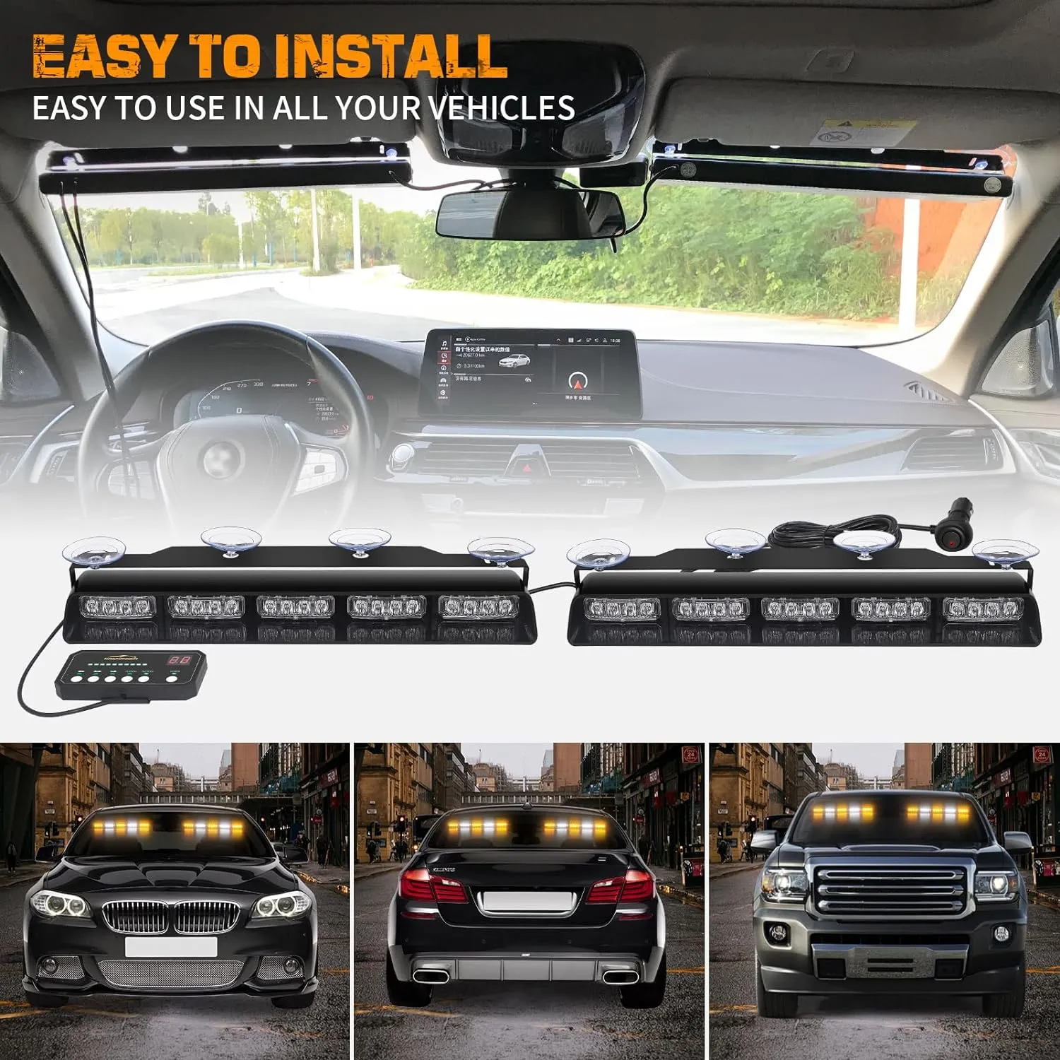 XRIDONSEN 2x 17 inch Emergency Dash Strobe Lights for Trucks Interior Front/Rear Windshield Lights 40 LED Amber White Safety Warning Hazard Lights w/Controller for Plow Trucks Construction Vehicles