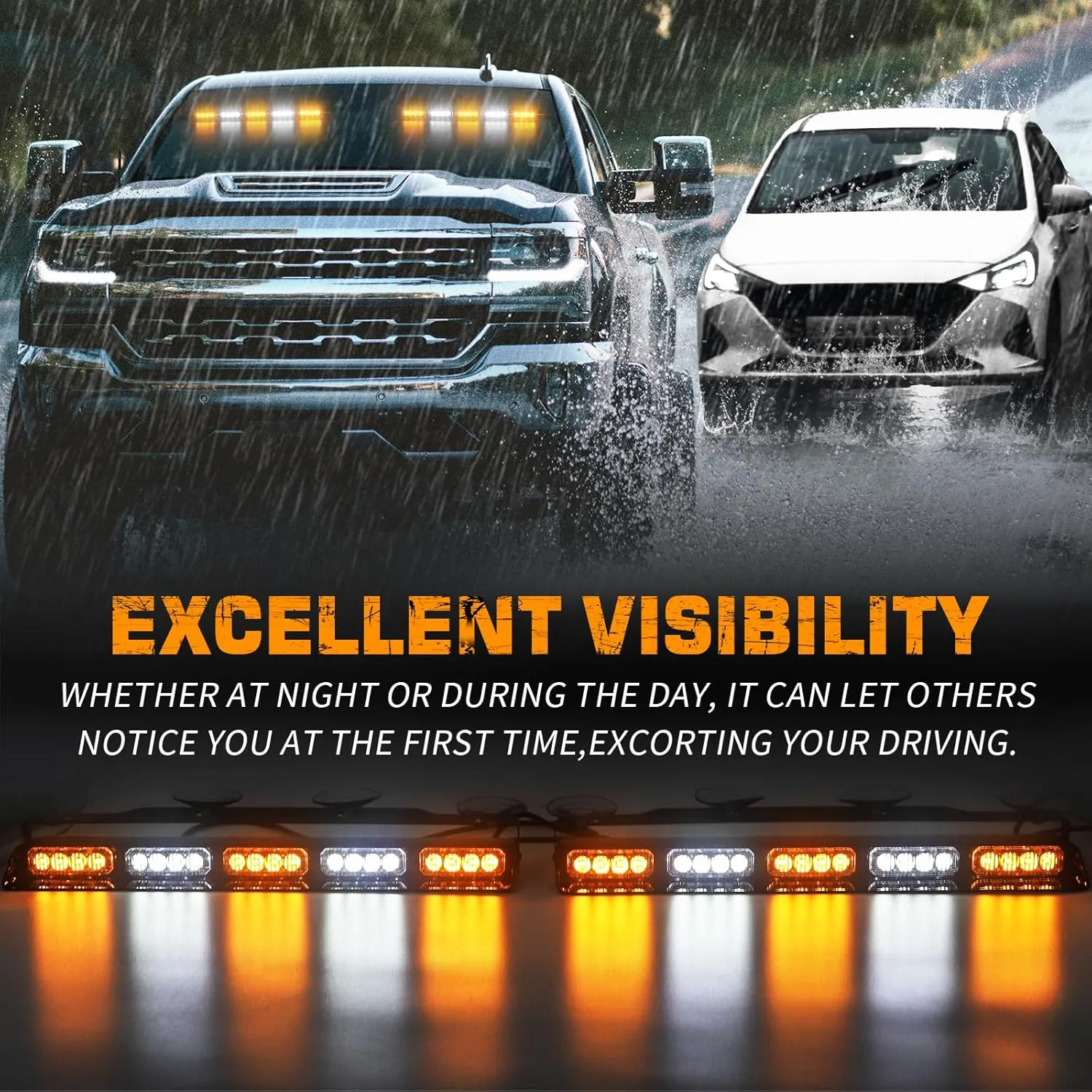 XRIDONSEN 2x 17 inch Emergency Dash Strobe Lights for Trucks Interior Front/Rear Windshield Lights 40 LED Amber White Safety Warning Hazard Lights w/Controller for Plow Trucks Construction Vehicles