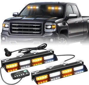 XRIDONSEN Emergency Dash Strobe Lights Safety Flashing Warning Hazard Interior Front/Rear Windshield Deck Split Light Bar w/Suction Cups for Construction Vehicles Trucks (2x14 inch, Amber White)