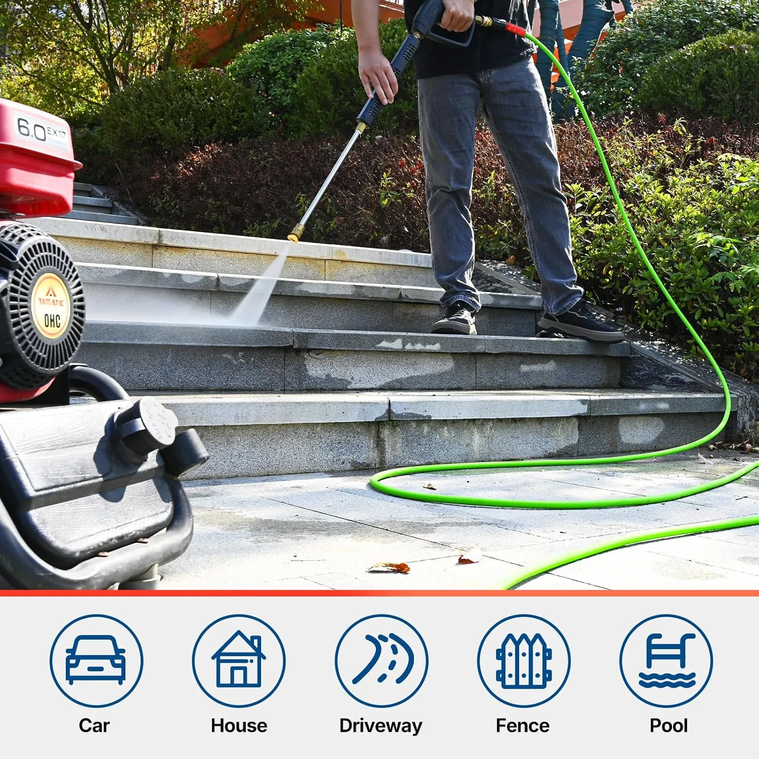 YAMATIC Flexible Pressure Washer Hose 75FT, 3200 PSI 1/4'' Power Washer Hose Replacement for Gas&Electric Washer, Kink Resistant Extension Leak-Free M22 Fittings, Green