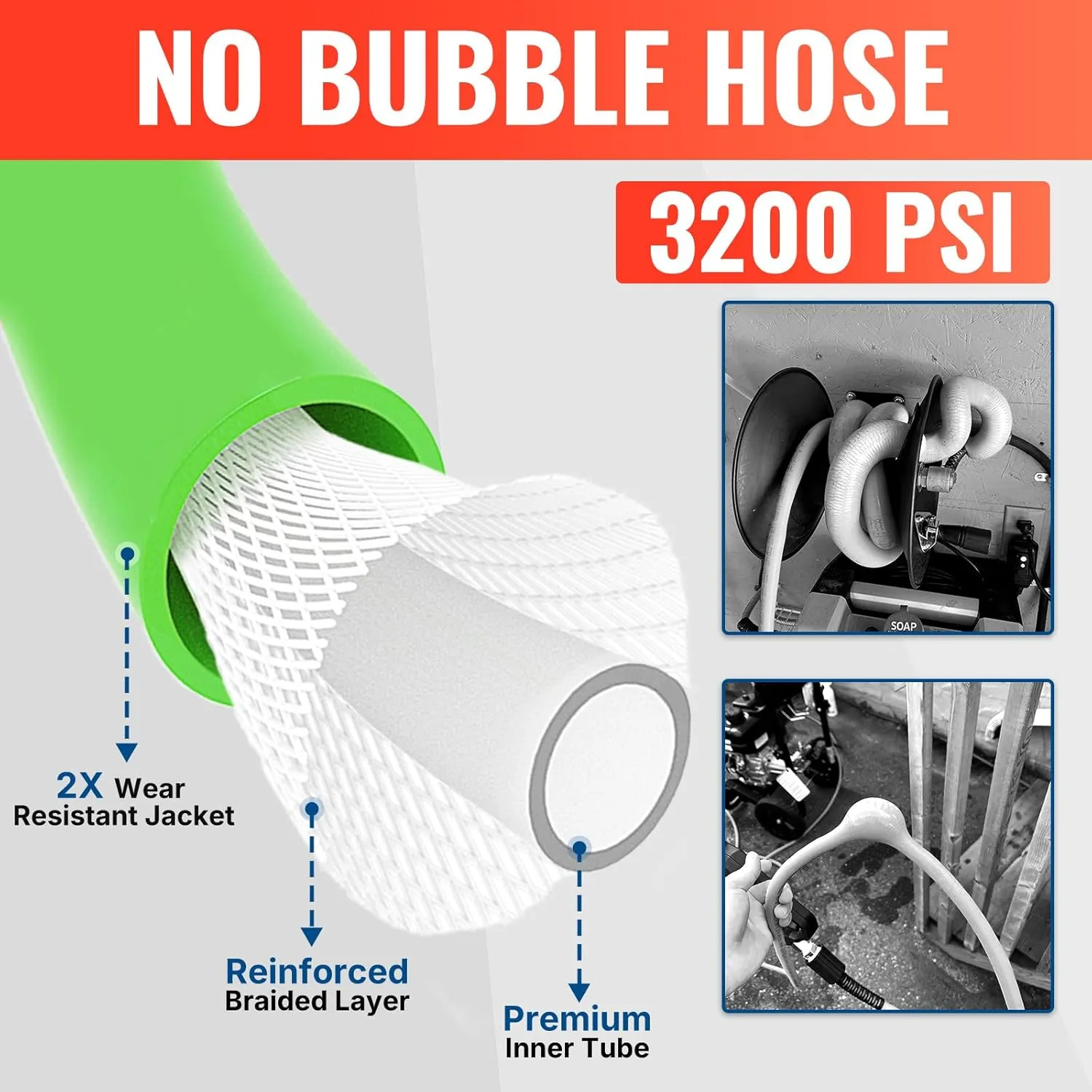 YAMATIC Flexible Pressure Washer Hose 75FT, 3200 PSI 1/4'' Power Washer Hose Replacement for Gas&Electric Washer, Kink Resistant Extension Leak-Free M22 Fittings, Green