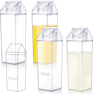 yarlung 4 Pack 34 Oz Milk Carton Water Bottle, Clear Plastic Milk Box Portable Leakproof Square Juice Bottle for Outdoor Sports Travel Camping