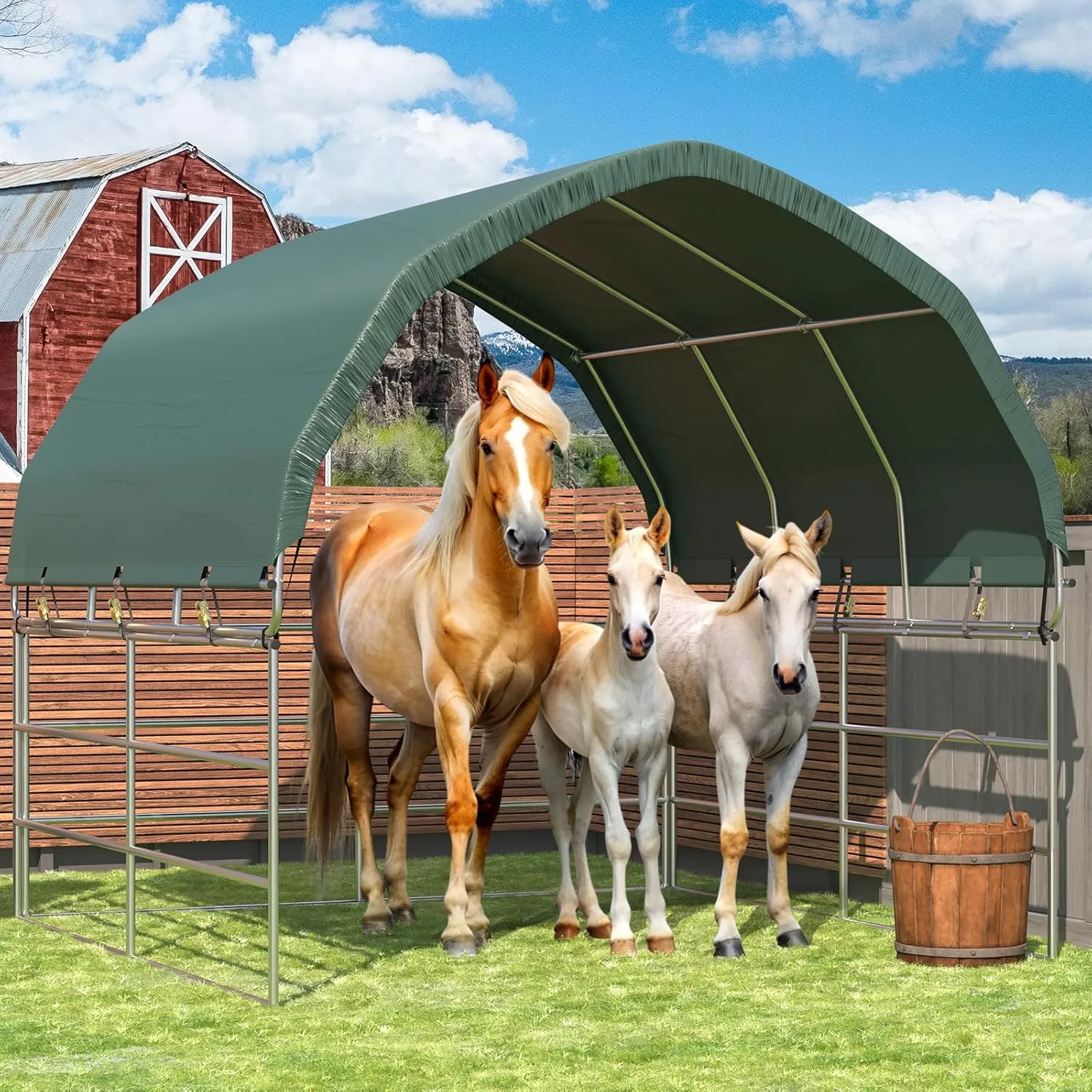 YOLENY 10'x10' Corral Shelter, Heavy Duty Round Style Canopy, Waterproof and UV Treated Universal Cover, Easy Assembly Stable and Agricultural Storage and Shade Shed Kit for Livestock,Green