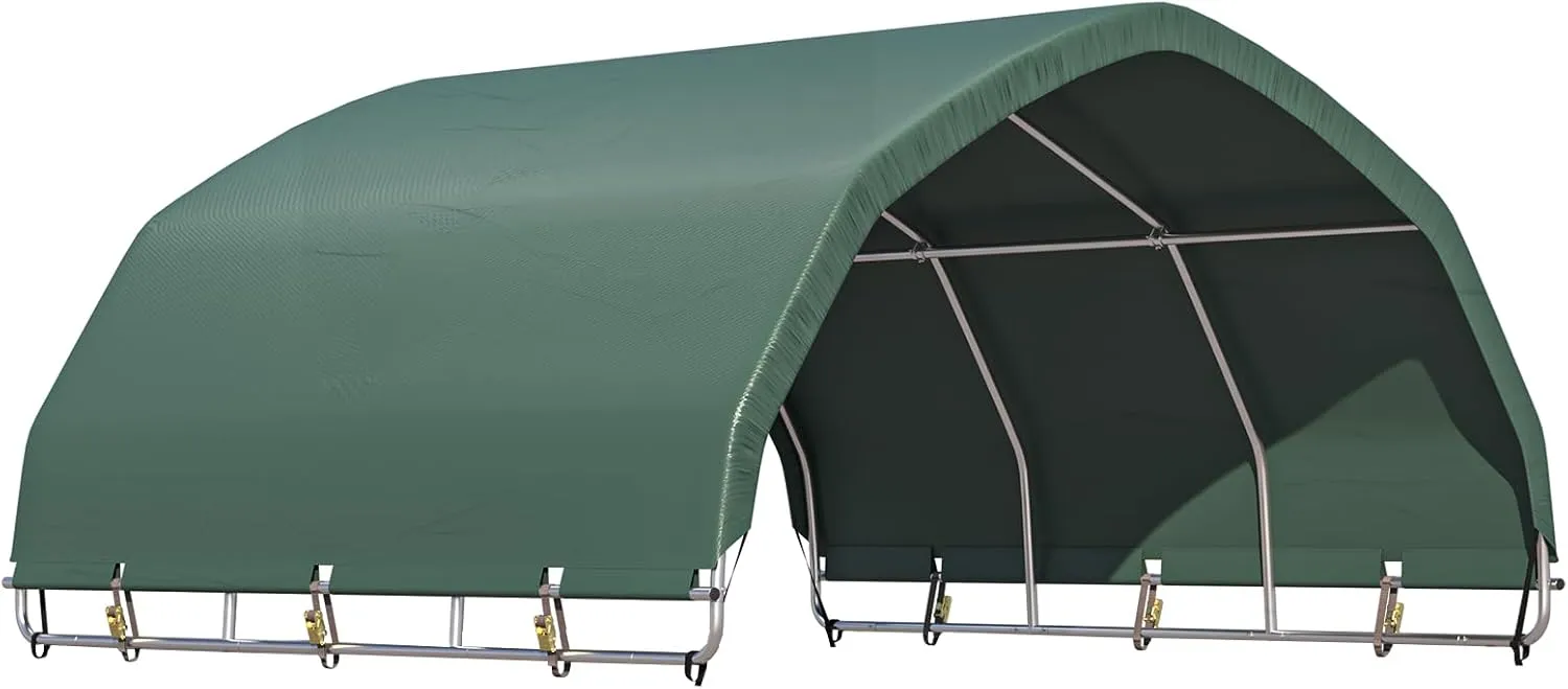 YOLENY 10'x10' Corral Shelter, Heavy Duty Round Style Canopy, Waterproof and UV Treated Universal Cover, Easy Assembly Stable and Agricultural Storage and Shade Shed Kit for Livestock,Green