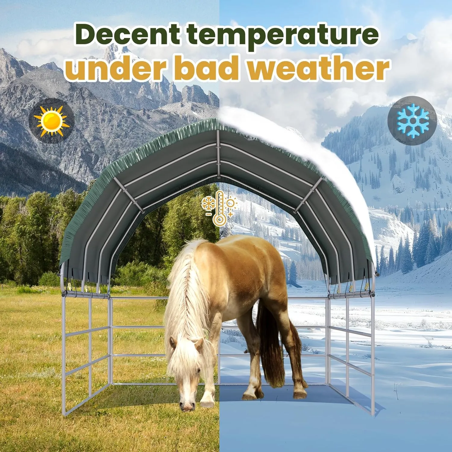 YOLENY 10'x10' Corral Shelter, Heavy Duty Round Style Canopy, Waterproof and UV Treated Universal Cover, Easy Assembly Stable and Agricultural Storage and Shade Shed Kit for Livestock,Green