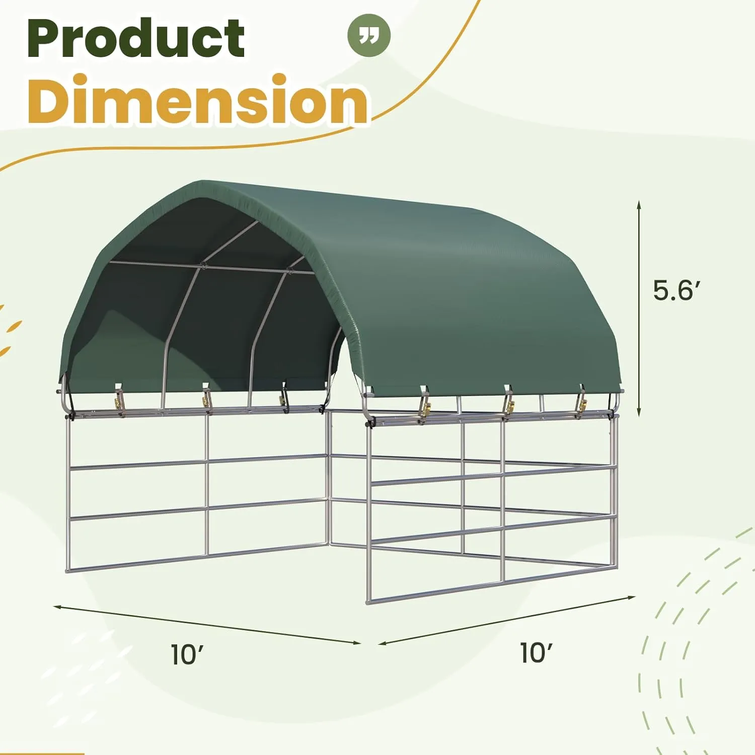 YOLENY 10'x10' Corral Shelter, Heavy Duty Round Style Canopy, Waterproof and UV Treated Universal Cover, Easy Assembly Stable and Agricultural Storage and Shade Shed Kit for Livestock,Green
