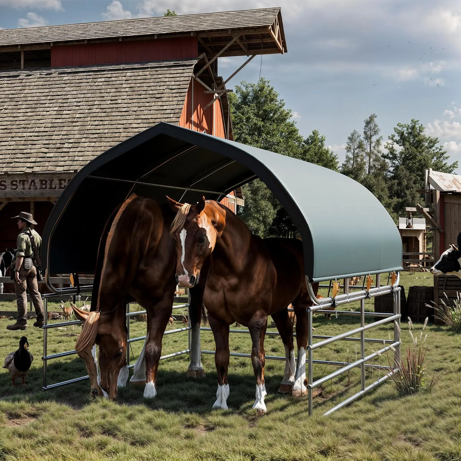 YOLENY 10'x10' Corral Shelter, Heavy Duty Round Style Canopy, Waterproof and UV Treated Universal Cover, Easy Assembly Stable and Agricultural Storage and Shade Shed Kit for Livestock,Green