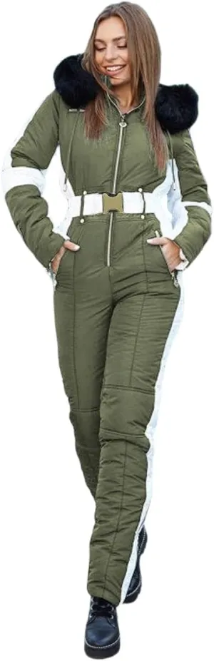 Yousify Womens Winter Onesies Ski Jumpsuits Outdoor Sports Waterproof Snowsuit Removable Fur Collar Coat Jumpsuit