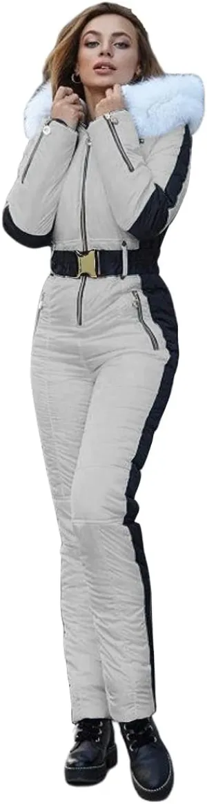 Yousify Womens Winter Onesies Ski Jumpsuits Outdoor Sports Waterproof Snowsuit Removable Fur Collar Coat Jumpsuit