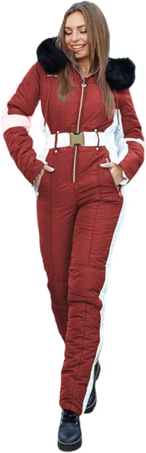Yousify Womens Winter Onesies Ski Jumpsuits Outdoor Sports Waterproof Snowsuit Removable Fur Collar Coat Jumpsuit