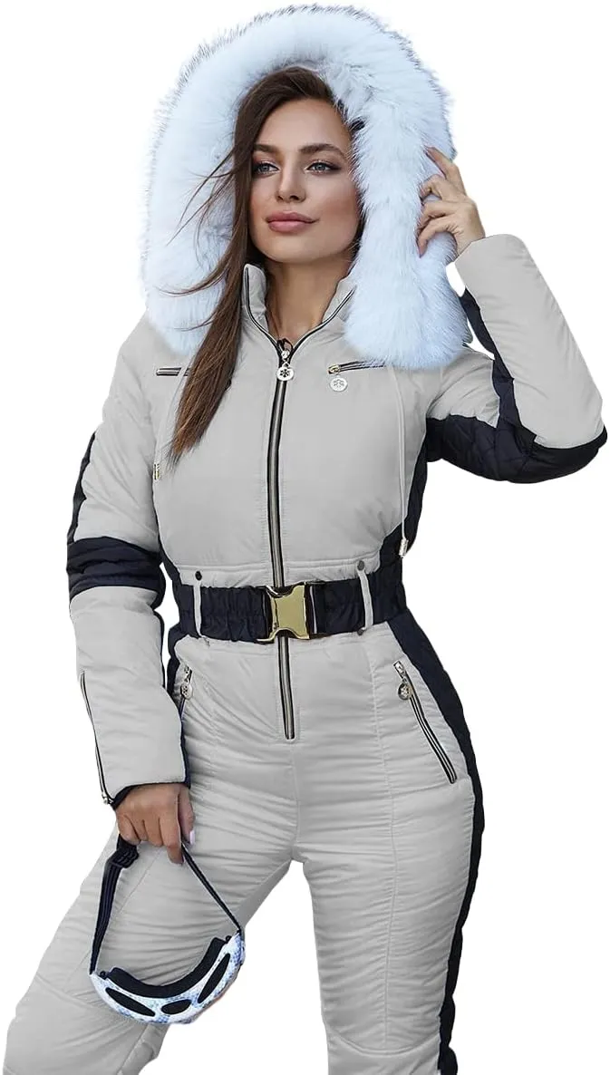 Yousify Womens Winter Onesies Ski Jumpsuits Outdoor Sports Waterproof Snowsuit Removable Fur Collar Coat Jumpsuit