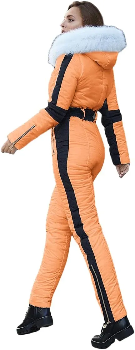 Yousify Womens Winter Onesies Ski Jumpsuits Outdoor Sports Waterproof Snowsuit Removable Fur Collar Coat Jumpsuit