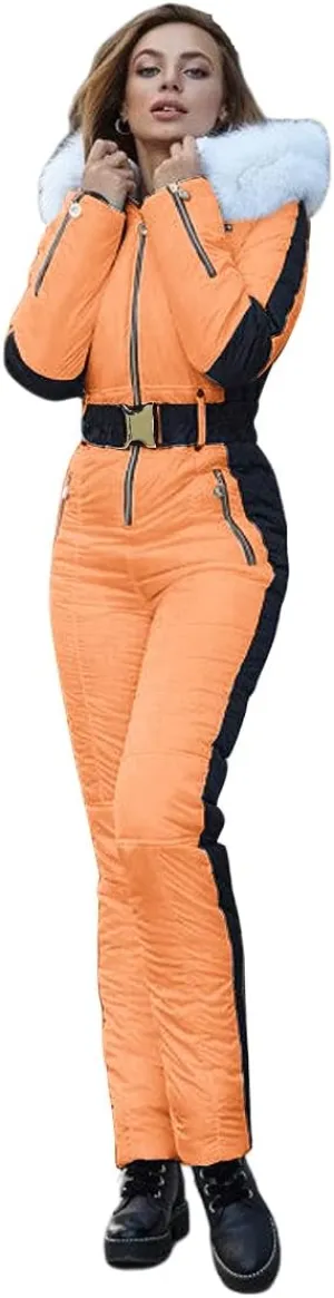 Yousify Womens Winter Onesies Ski Jumpsuits Outdoor Sports Waterproof Snowsuit Removable Fur Collar Coat Jumpsuit