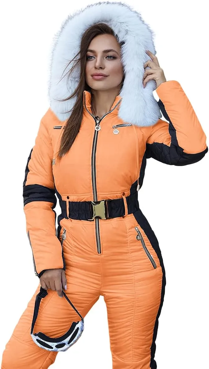 Yousify Womens Winter Onesies Ski Jumpsuits Outdoor Sports Waterproof Snowsuit Removable Fur Collar Coat Jumpsuit