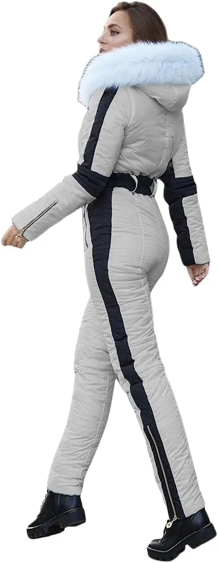 Yousify Womens Winter Onesies Ski Jumpsuits Outdoor Sports Waterproof Snowsuit Removable Fur Collar Coat Jumpsuit