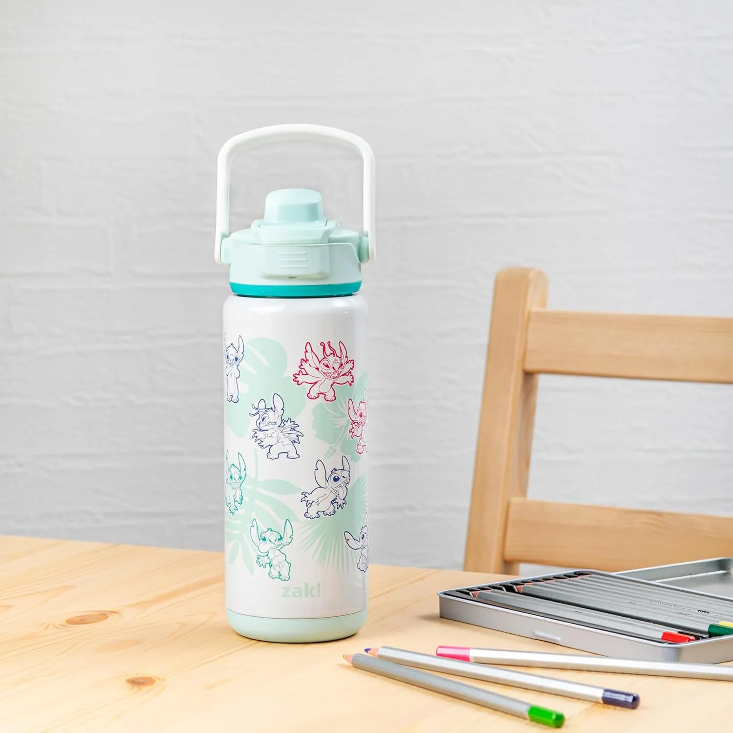 Zak Designs Disney Kid Water Bottle for Travel or At Home, 20oz Stainless Steel is Leak-Proof and Vacuum Insulated with Silicone Spout, Cover, Carry Handle, Protective Base (Disney Lilo & Stitch)