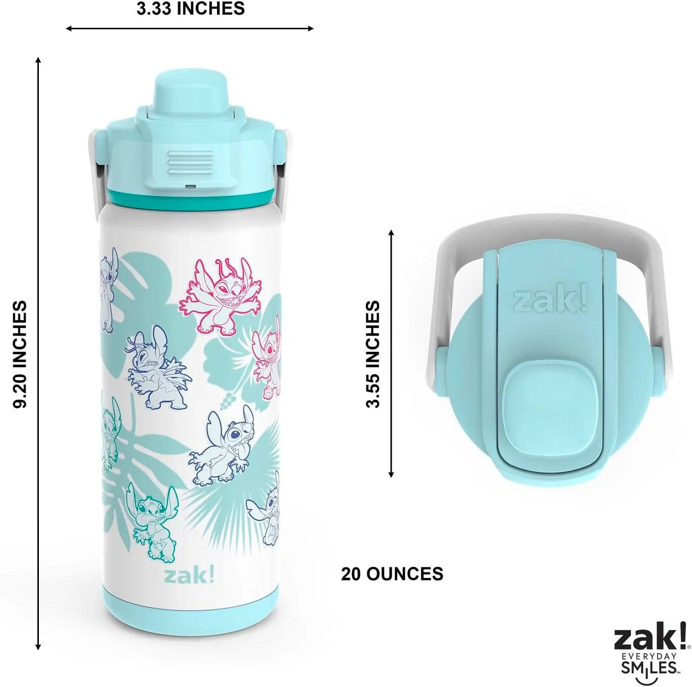Zak Designs Disney Kid Water Bottle for Travel or At Home, 20oz Stainless Steel is Leak-Proof and Vacuum Insulated with Silicone Spout, Cover, Carry Handle, Protective Base (Disney Lilo & Stitch)
