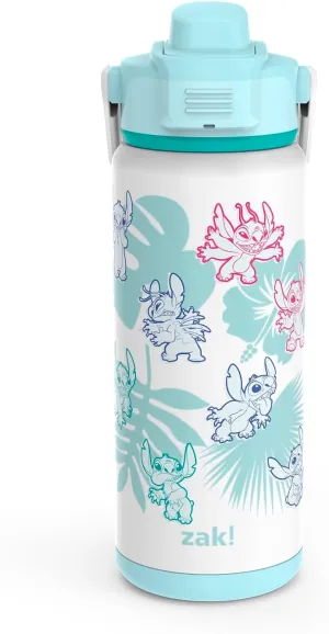 Zak Designs Disney Kid Water Bottle for Travel or At Home, 20oz Stainless Steel is Leak-Proof and Vacuum Insulated with Silicone Spout, Cover, Carry Handle, Protective Base (Disney Lilo & Stitch)