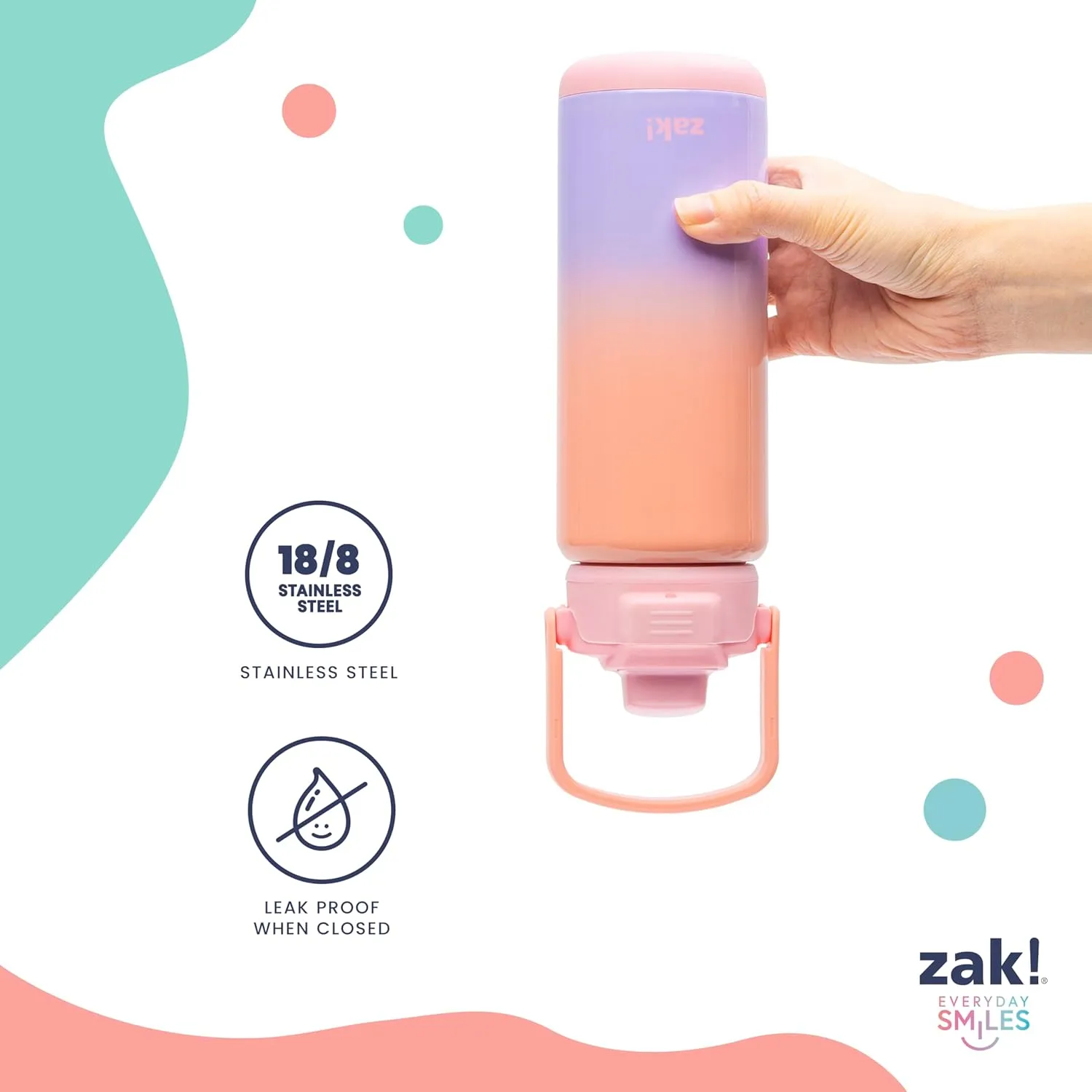 Zak Designs Disney Kid Water Bottle for Travel or At Home, 20oz Stainless Steel is Leak-Proof and Vacuum Insulated with Silicone Spout, Cover, Carry Handle, Protective Base (Disney Lilo & Stitch)