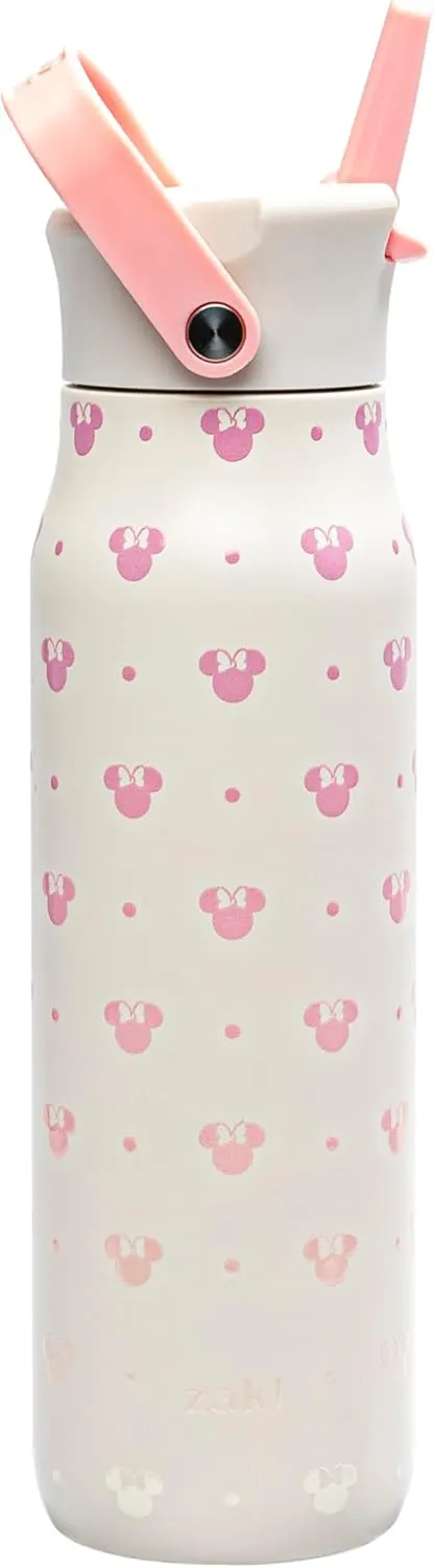 Zak Designs Disney Minnie Mouse Harmony Water Bottle for Travel or At Home, 32oz Stainless Steel is Leak-Proof When Closed and Vacuum Insulated with Straw Lid, Carry Handle, and 3D Artwork