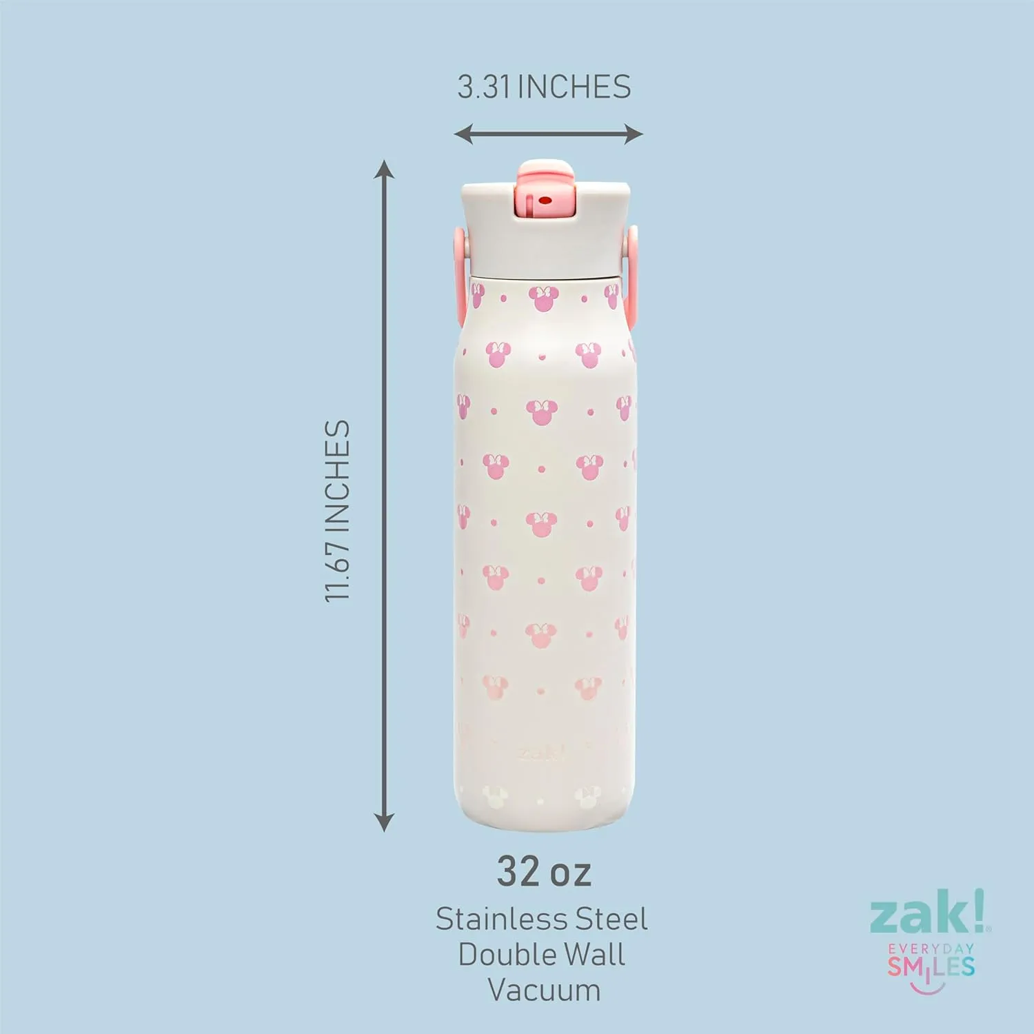 Zak Designs Disney Minnie Mouse Harmony Water Bottle for Travel or At Home, 32oz Stainless Steel is Leak-Proof When Closed and Vacuum Insulated with Straw Lid, Carry Handle, and 3D Artwork