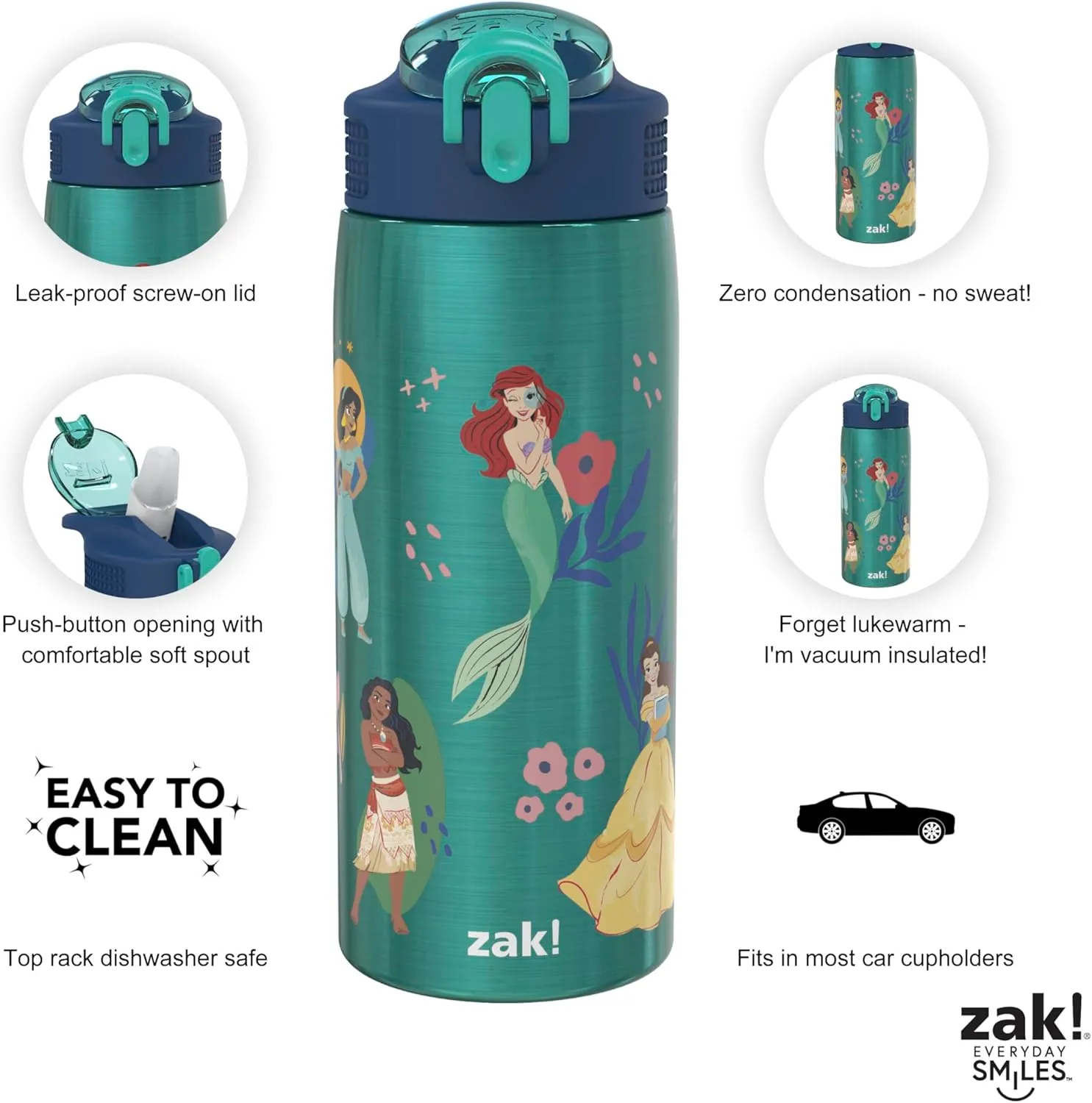 Zak Designs Disney Princess Water Bottle for Travel and At Home, 19 oz Vacuum Insulated Stainless Steel with Locking Spout Cover, Built-In Carrying Loop, Leak-Proof Design (Disney Princess)