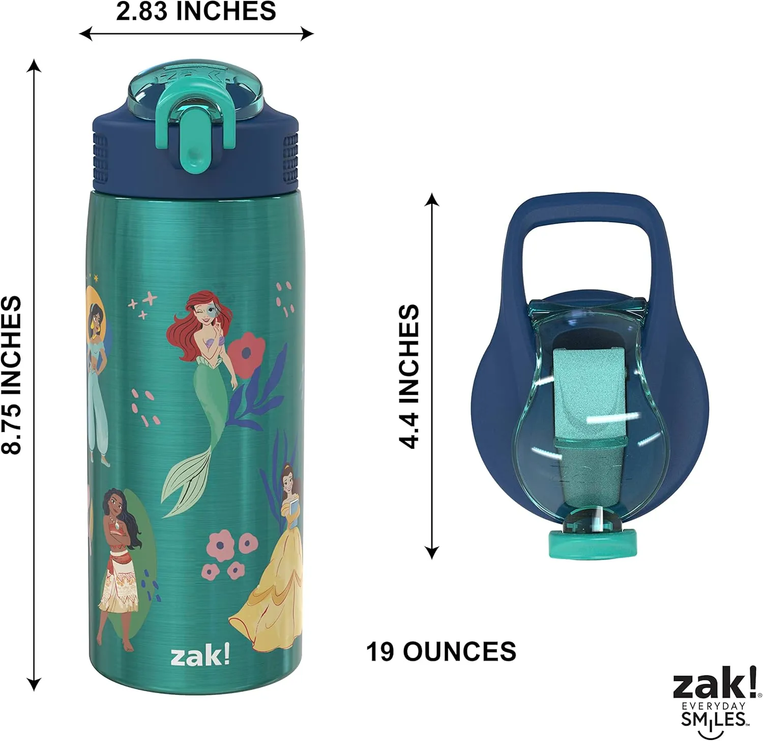 Zak Designs Disney Princess Water Bottle for Travel and At Home, 19 oz Vacuum Insulated Stainless Steel with Locking Spout Cover, Built-In Carrying Loop, Leak-Proof Design (Disney Princess)