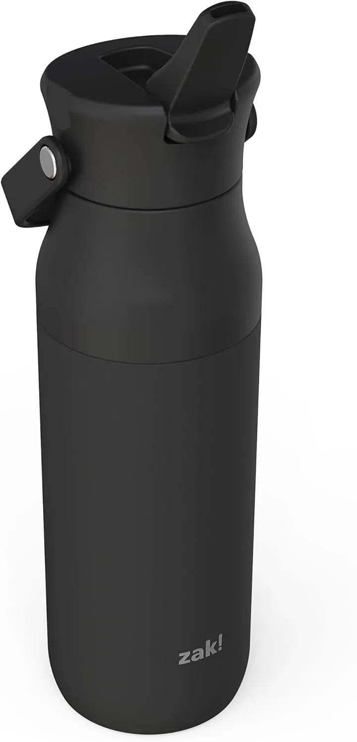 Zak Designs Harmony Water Bottle for Travel or At Home, 32oz Recycled Stainless Steel is Leak-Proof When Closed and Vacuum Insulated with Straw Lid and Carry Handle (Ebony Black)
