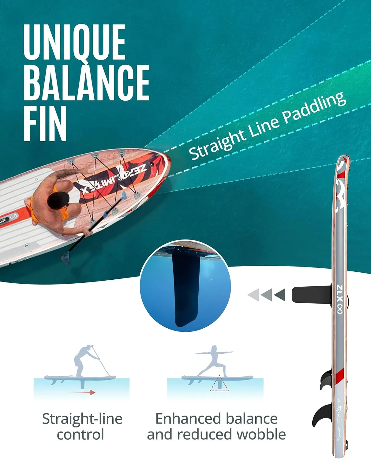 ZLX 10'6" Inflatable Stand Up Paddle Board, Extra Wide Stable Non-Slip Deck Pad, Unique Center Fin, Portable Paddleboard for Adults, Premium SUP for All Skill Levels