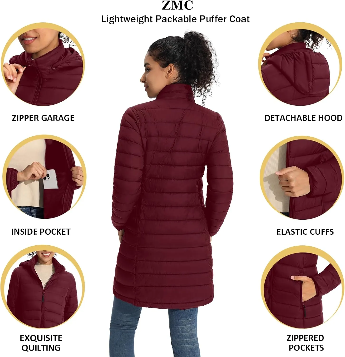 ZMC Packable Women Puffer Coat, Lightweight Water-Resistant Puffer Jacket Detachable Hood Slim-Fit Winter Coat for Women