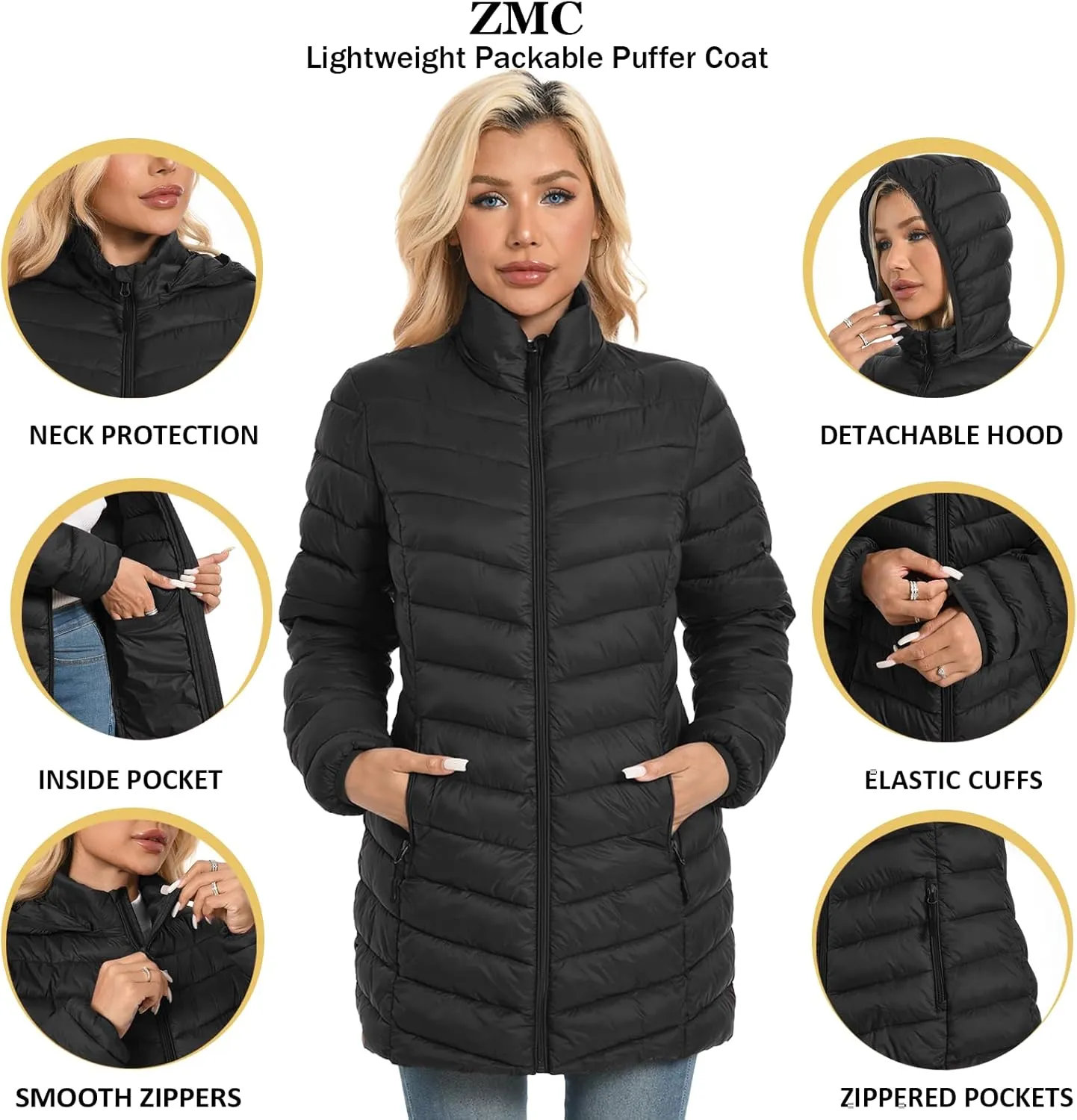ZMC Packable Women Puffer Coat, Lightweight Water-Resistant Puffer Jacket Detachable Hood Slim-Fit Winter Coat