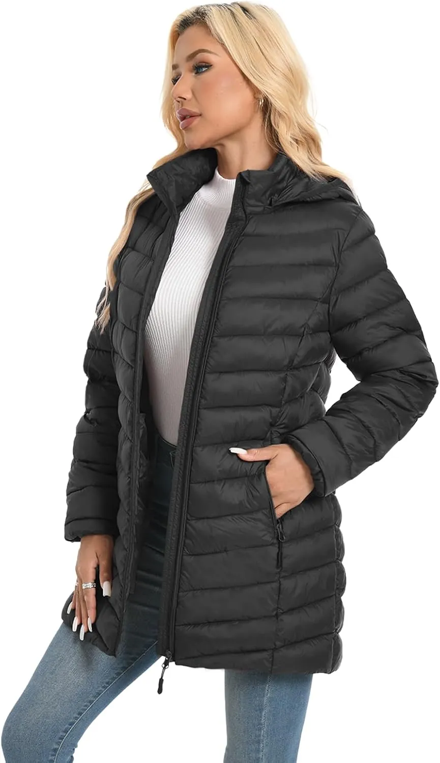 ZMC Packable Women Puffer Coat, Lightweight Water-Resistant Puffer Jacket Detachable Hood Slim-Fit Winter Coat