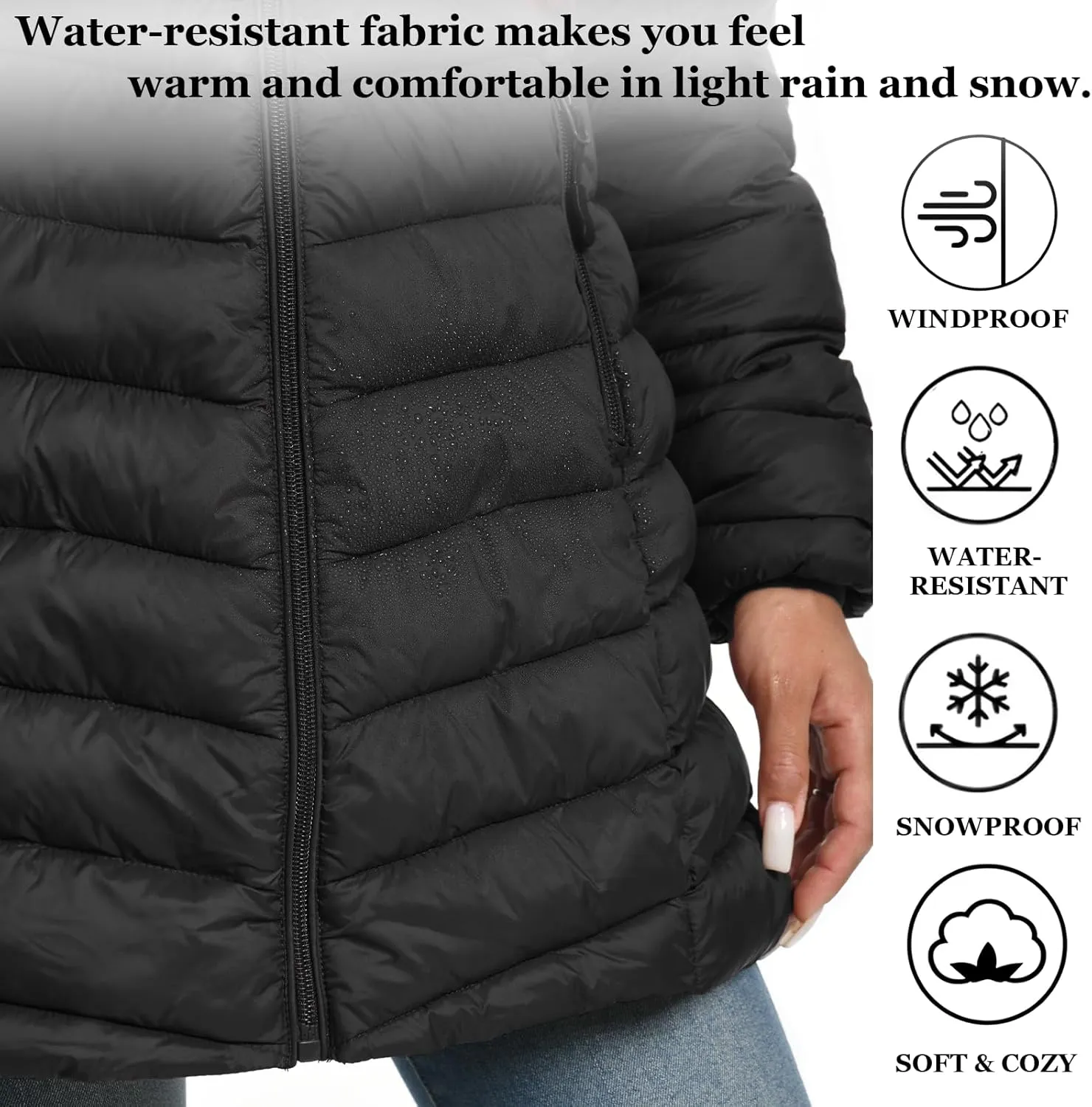 ZMC Packable Women Puffer Coat, Lightweight Water-Resistant Puffer Jacket Detachable Hood Slim-Fit Winter Coat