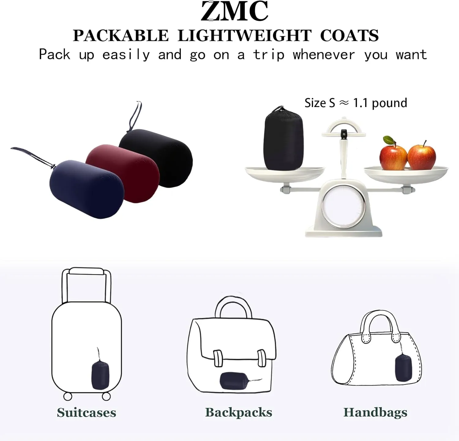 ZMC Packable Women Puffer Coat, Lightweight Water-Resistant Puffer Jacket Detachable Hood Slim-Fit Winter Coat