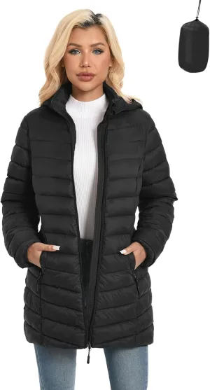 ZMC Packable Women Puffer Coat, Lightweight Water-Resistant Puffer Jacket Detachable Hood Slim-Fit Winter Coat
