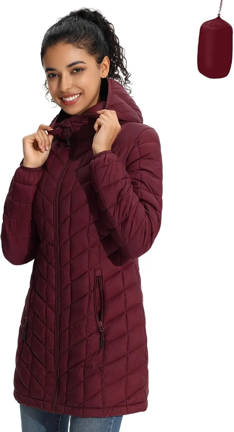 ZMC Women's Packable Puffer Jacket, Water-Resistant Hooded Puffer Jacket Lightweight Mid-Length Winter Puffer Coat