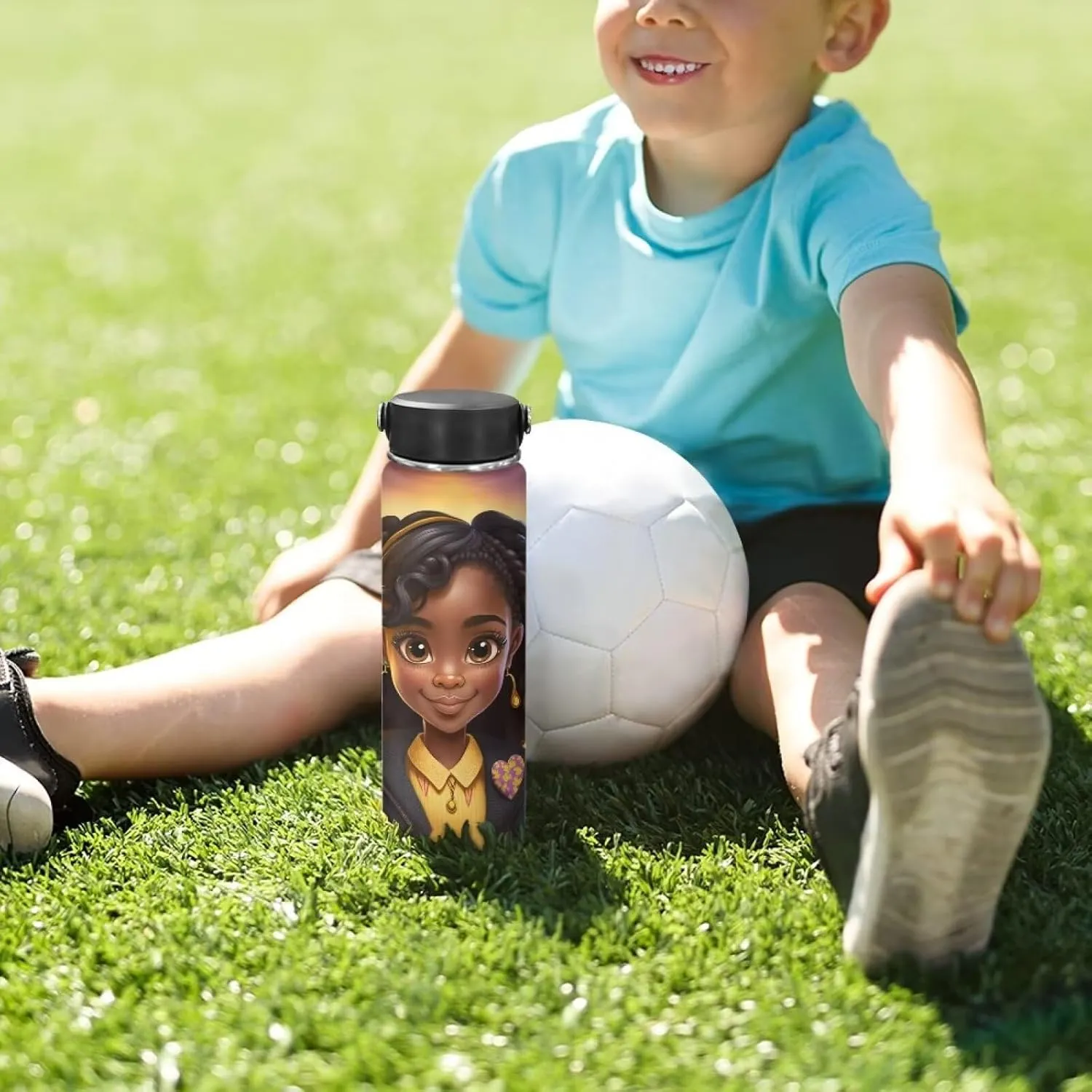 ZOUTAIRONG Black African Girl Insulated Water Bottle 18 oz Stainless Steel Vacuum Flask with Handle Thermal Bottles Keeps Drinks Hot or Cold for Hours Water Cup Wide Mouth Bottle Cute