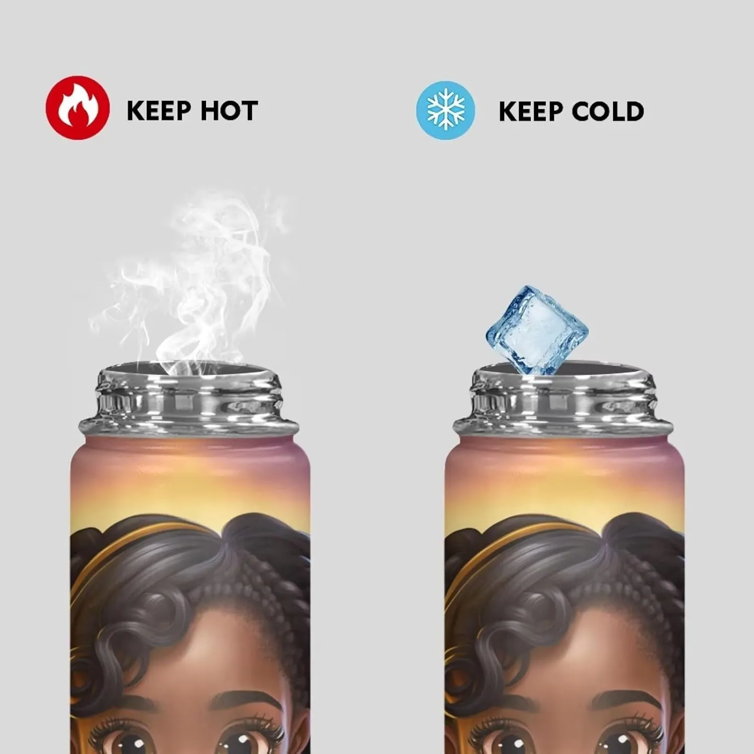 ZOUTAIRONG Black African Girl Insulated Water Bottle 18 oz Stainless Steel Vacuum Flask with Handle Thermal Bottles Keeps Drinks Hot or Cold for Hours Water Cup Wide Mouth Bottle Cute