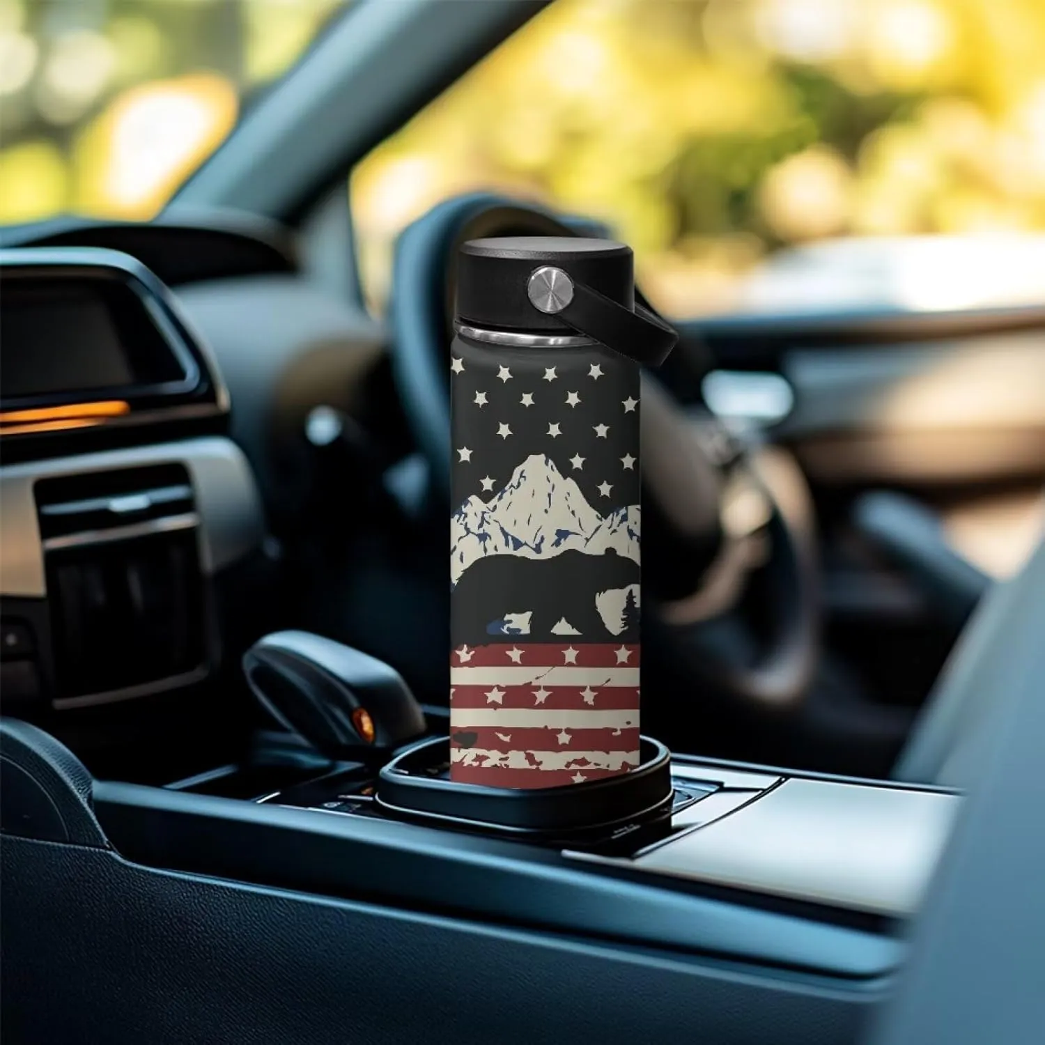 ZOUTAIRONG Insulated Water Bottle American Flag Bear Print Stainless Steel Water Bottle 18 oz with Handle Wide Mouth Vacuum Flask Sports Thermos Travel Cup