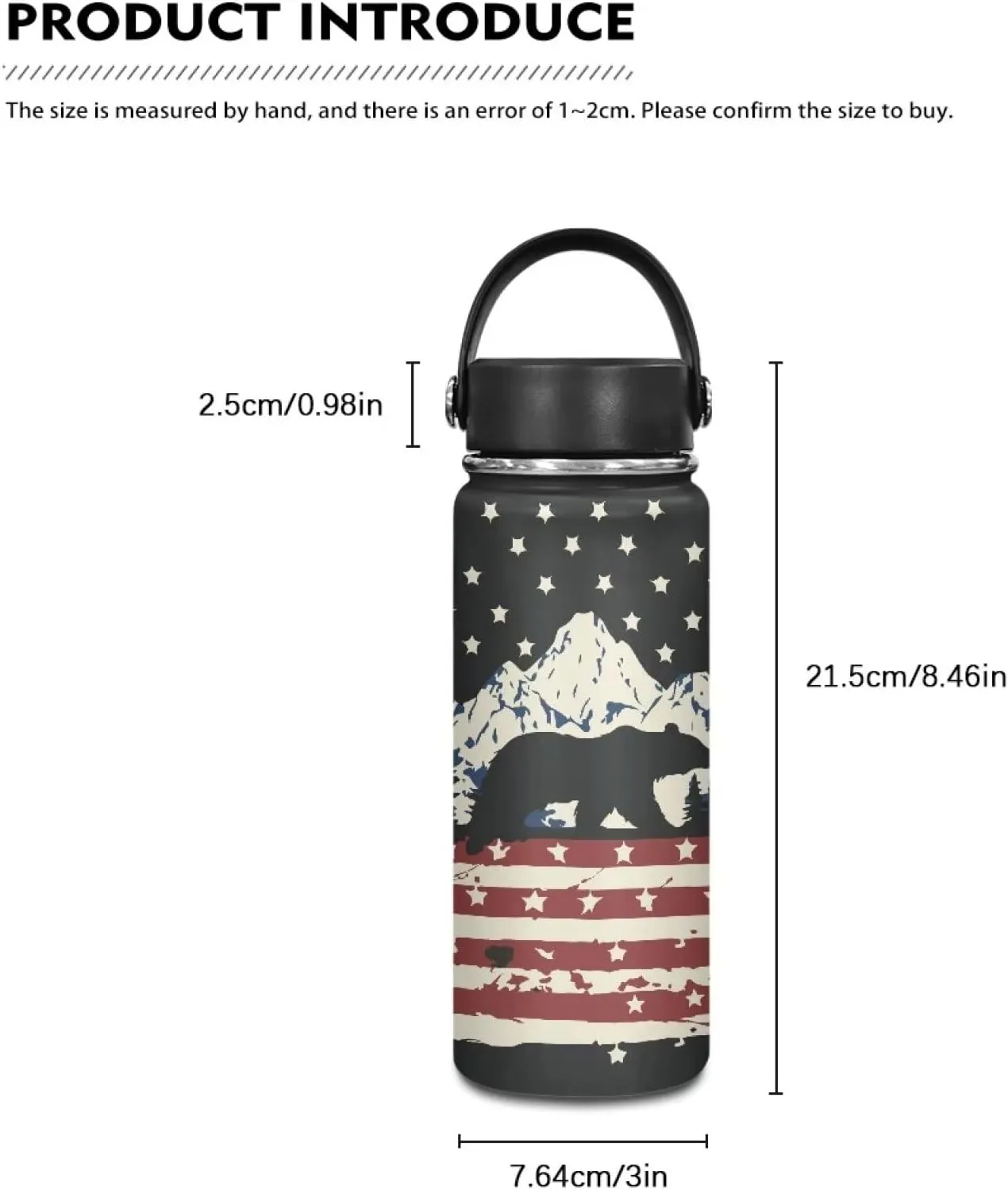 ZOUTAIRONG Insulated Water Bottle American Flag Bear Print Stainless Steel Water Bottle 18 oz with Handle Wide Mouth Vacuum Flask Sports Thermos Travel Cup