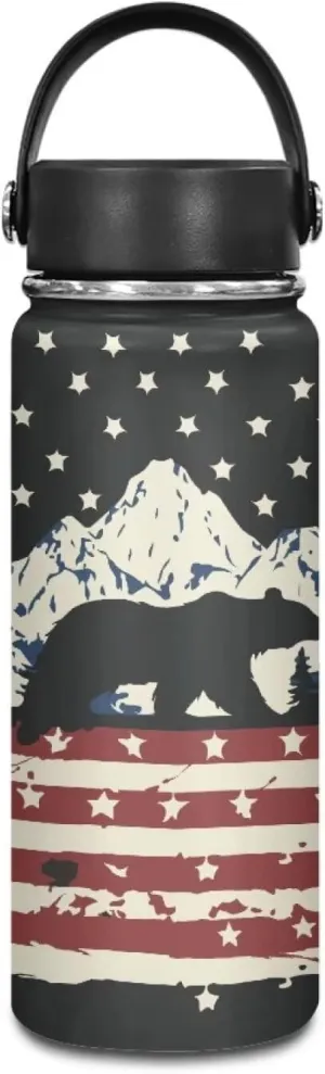 ZOUTAIRONG Insulated Water Bottle American Flag Bear Print Stainless Steel Water Bottle 18 oz with Handle Wide Mouth Vacuum Flask Sports Thermos Travel Cup