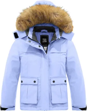 ZSHOW Girls' Ski Jacket Waterproof Warm Winter Coat Fleece Hooded Raincoat with Detachable Hood