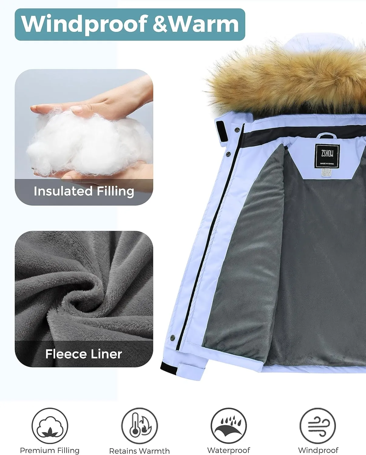 ZSHOW Girls' Ski Jacket Waterproof Warm Winter Coat Fleece Hooded Raincoat with Detachable Hood