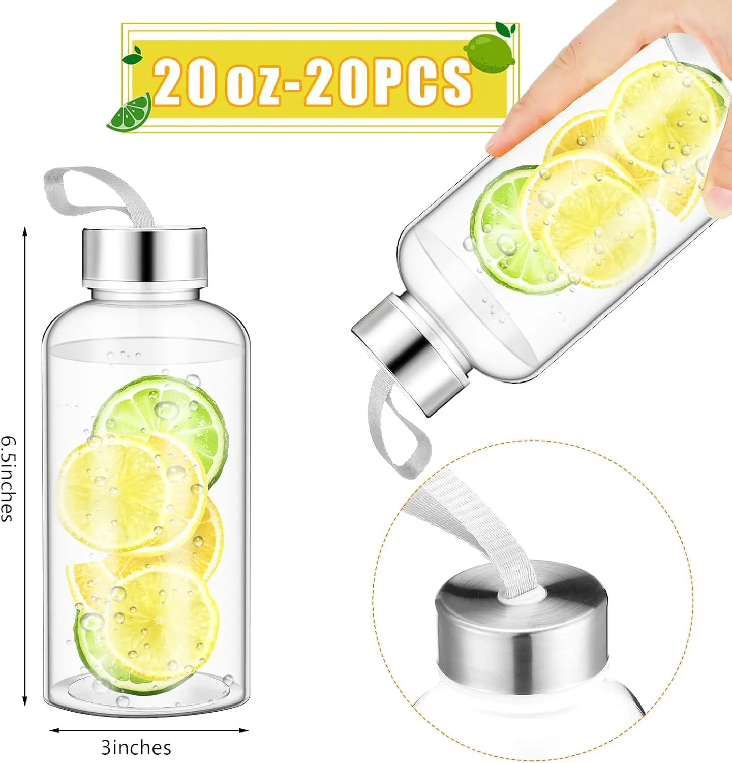 Zubebe 20 Pcs Reusable Water Bottles Bulk Clear Bottles with Stainless Steel Leak Proof Lids Acrylic Bottles with Nylon Carrying Strap Shaker Bottles for Water, Milk, Smoothie, Juice Beverage