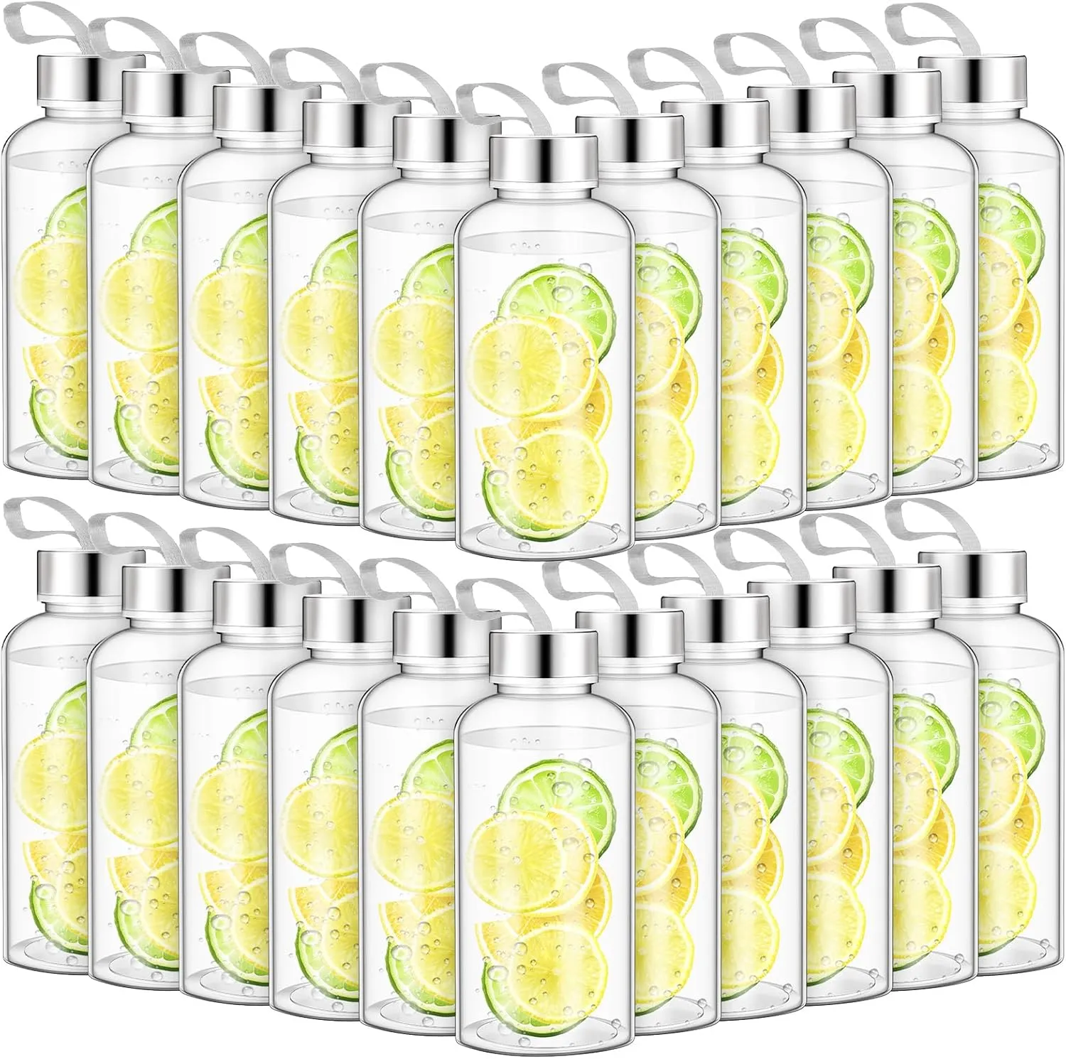 Zubebe 20 Pcs Reusable Water Bottles Bulk Clear Bottles with Stainless Steel Leak Proof Lids Acrylic Bottles with Nylon Carrying Strap Shaker Bottles for Water, Milk, Smoothie, Juice Beverage