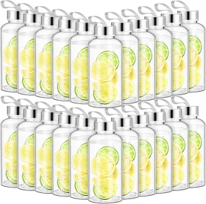 Zubebe 20 Pcs Reusable Water Bottles Bulk Clear Bottles with Stainless Steel Leak Proof Lids Acrylic Bottles with Nylon Carrying Strap Shaker Bottles for Water, Milk, Smoothie, Juice Beverage
